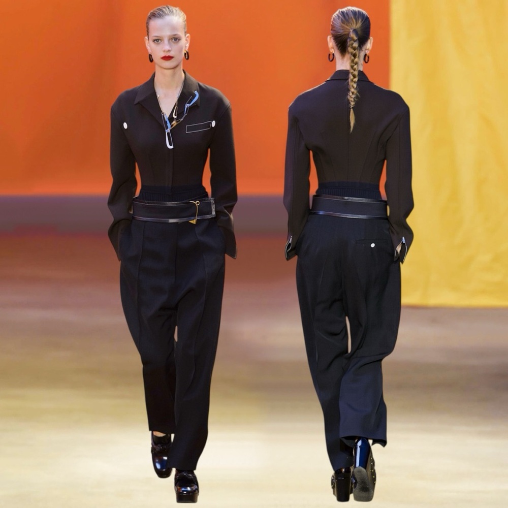 CÉLINE BLACK SILK CANVAS STRAIGHT PANTS WITH VELCRO BELT SIZE 36 BY PHOEBE PHILO